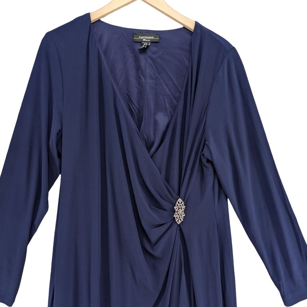R&M Richards Gown Maxi Dress Blue Long Sleeve Front Slit Stretch Lined Size 16W - Picture 3 of 10